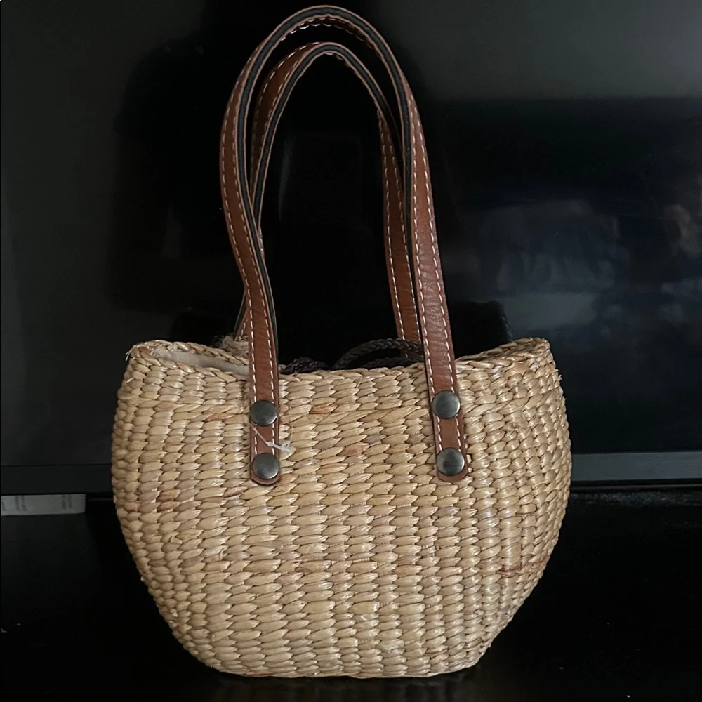 Woven Tote with Brown Leather Handles - Picture 2 of 3